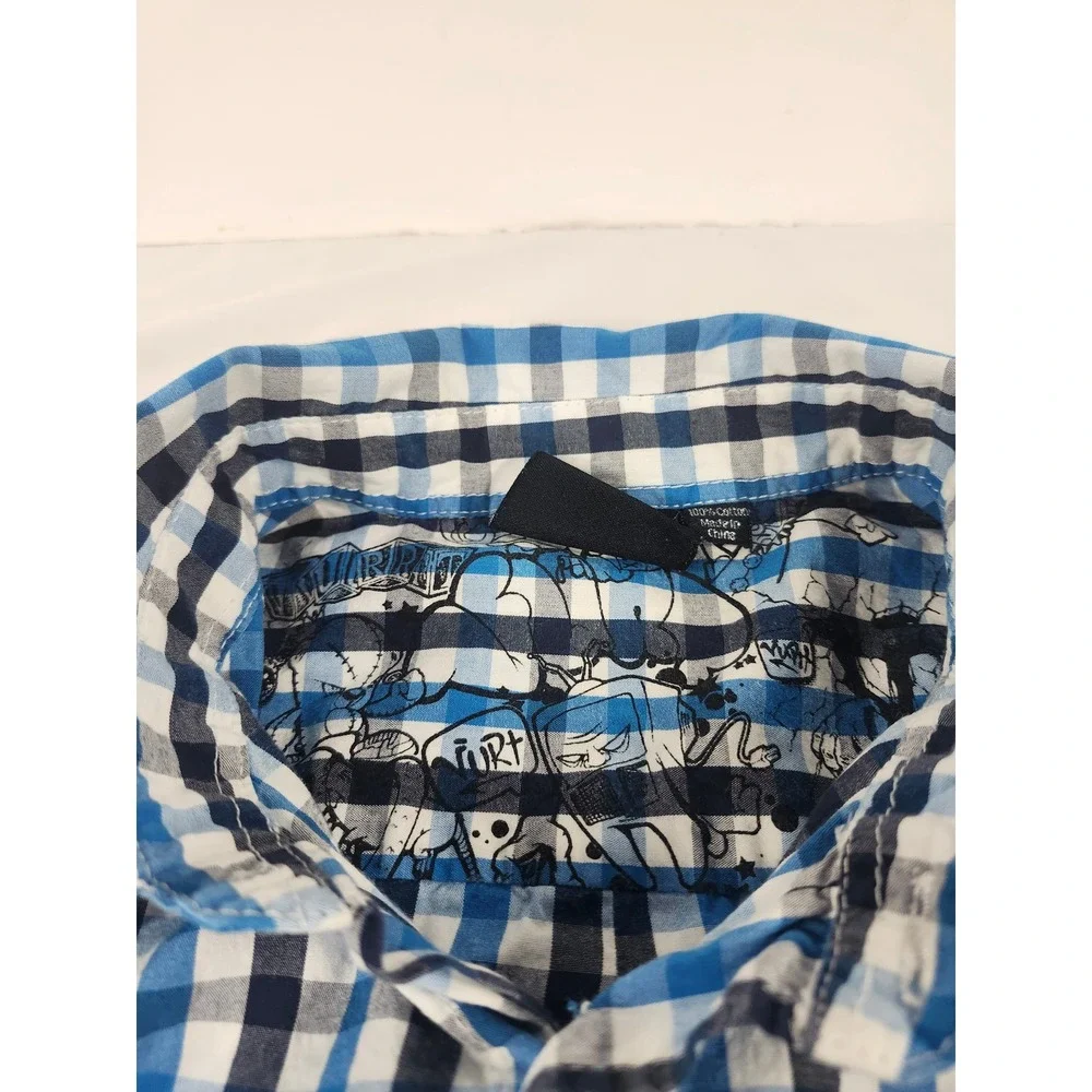 Vurt Boys Blue White Gingham Plaid Short Sleeve Button Down Shirt Size S Cotton